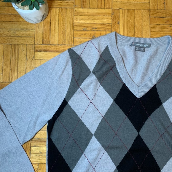 LACOSTE ARGYLE GREY AND BLACK V NECK SWEATER - Picture 2 of 8